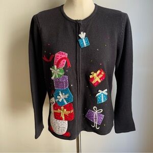 Vintage Tiara International Christmas Cardigan Sweater  Zip Beaded Gifts Large